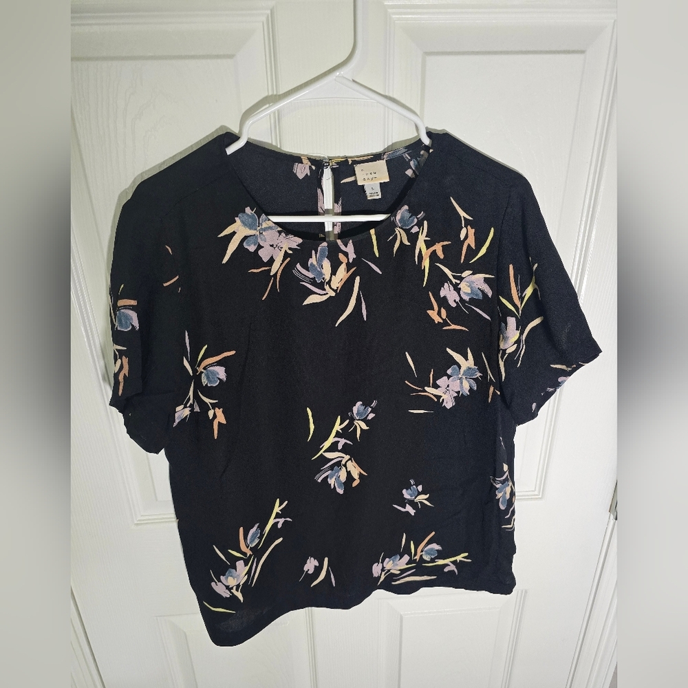 A New Day Womens Black Floral Short Sleeve Blouse Large